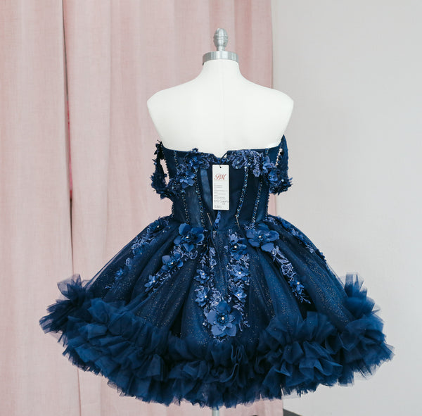 BM1-01 Navy Off-Shoulder Floral Corset Baile Sorpresa Dress — alternate view — Boutique Moroleon Sacramento