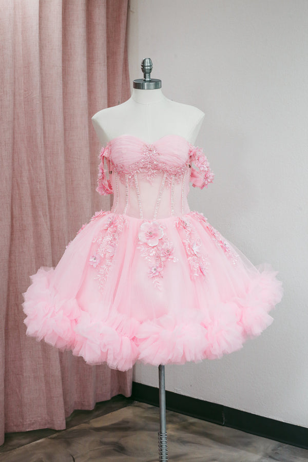 BM1-01 Pink Off-Shoulder Floral Corset Baile Sorpresa Dress — Baile Sorpresa dress Sacramento CA — Boutique Moroleon