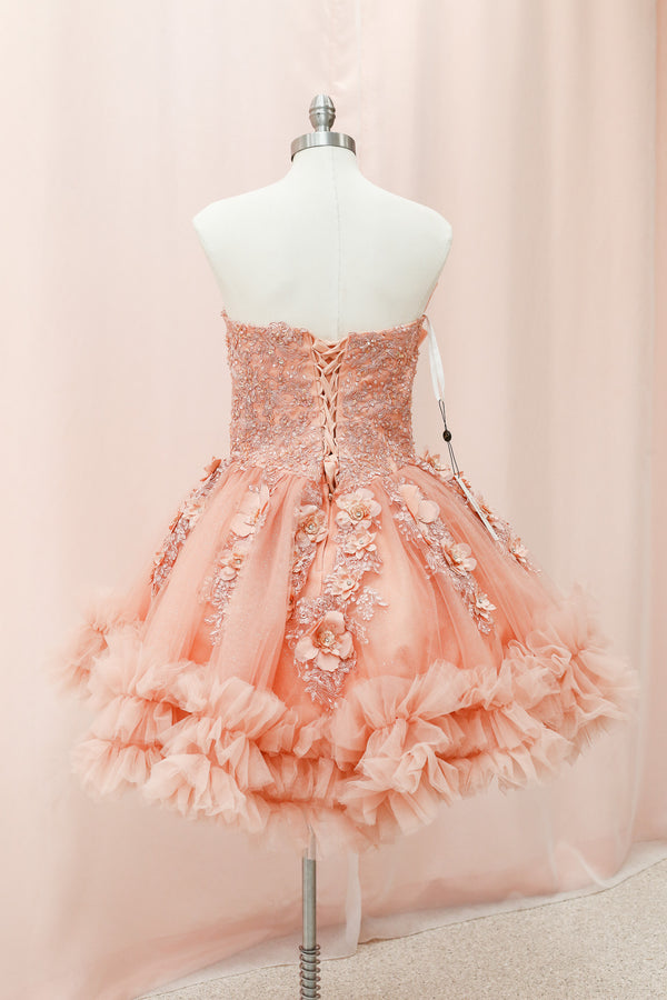 BM1-03 Peach Ruffled Floral Corset Baile Sorpresa Dress — alternate view — Boutique Moroleon Sacramento