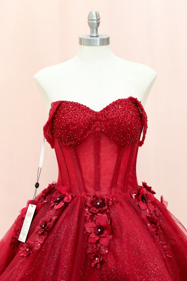 BM1-01 Red Floral Corset Baile Sorpresa Dress — alternate view — Boutique Moroleon Sacramento
