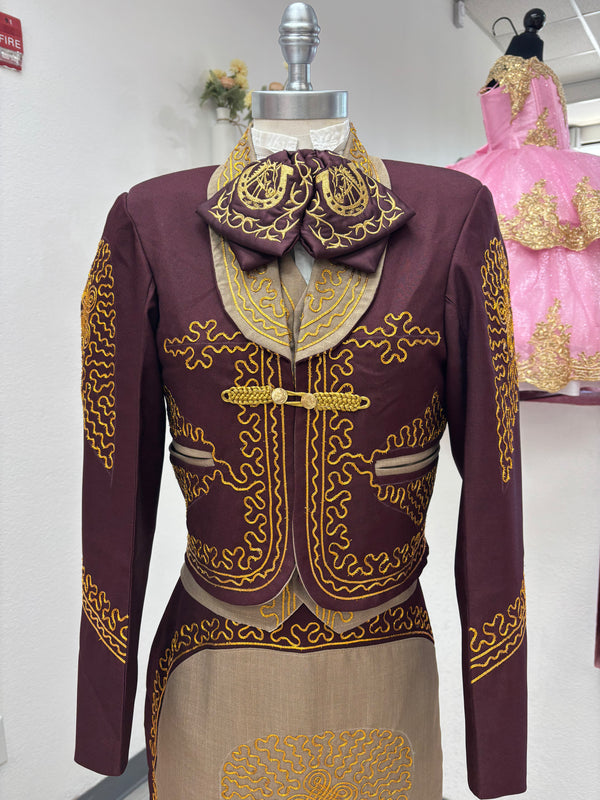 Traje Charro Burgandy/Cafe Mujer Economico — alternate view — Boutique Moroleon Sacramento