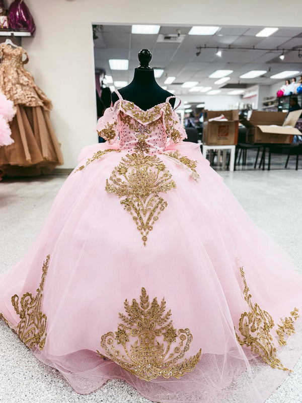 Rose and Gold Baroque Mini Quinceañera Gown — girls quinceañera dress at Boutique Moroleón Sacramento