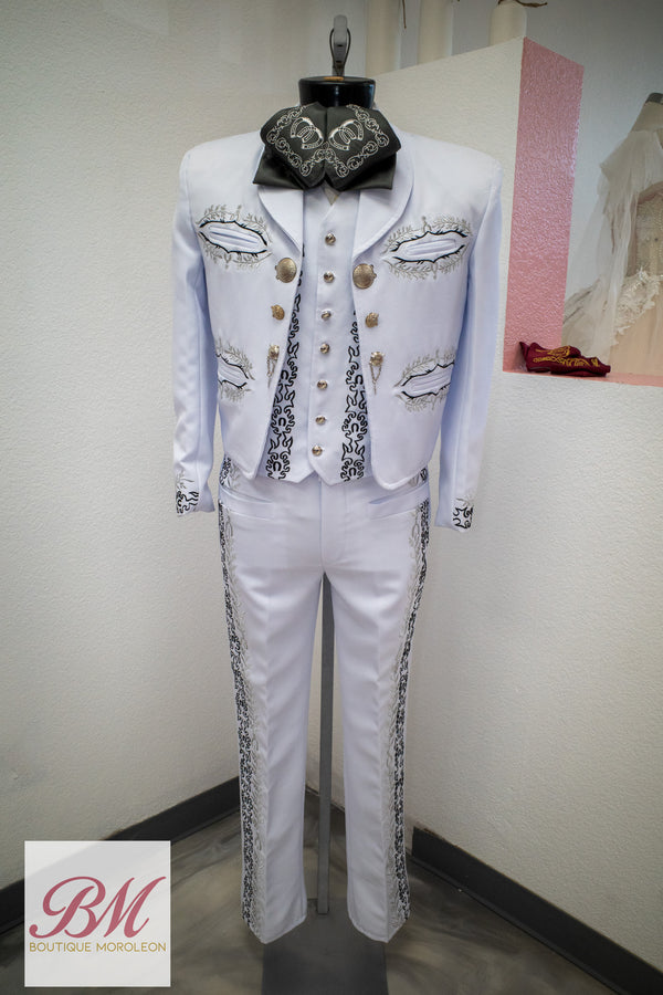 Classic Charro Suit White/Silver Embroidery — Charro suit Sacramento CA — Boutique Moroleon