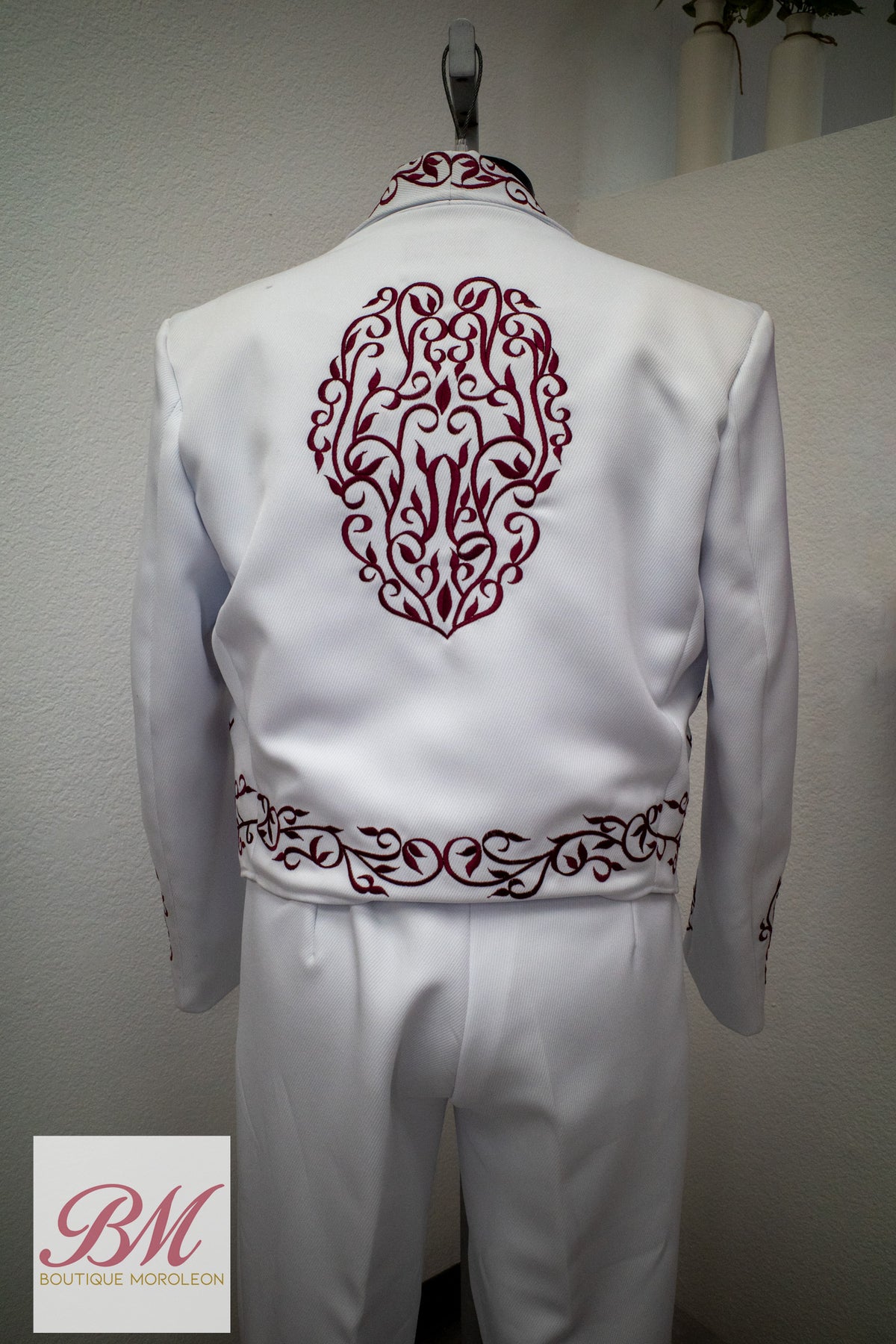 Classic Charro Suit White/Burgundy Embroidery