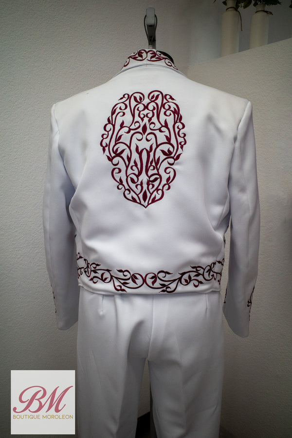 Classic Charro Suit White/Burgundy Embroidery — alternate view — Boutique Moroleon Sacramento