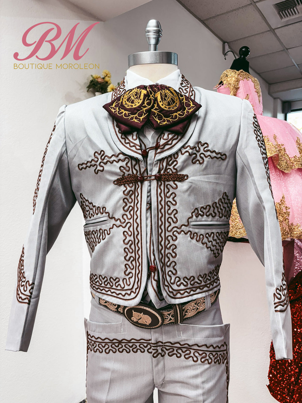 Economical Charro Suit Grey/Burgandy