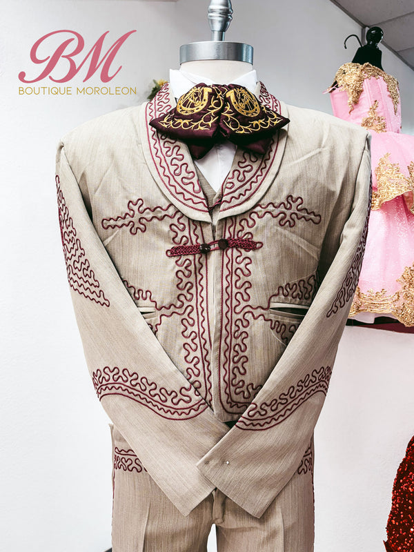 Economic Charro Suit Beige/Burgundy — Charro suit Sacramento CA — Boutique Moroleon