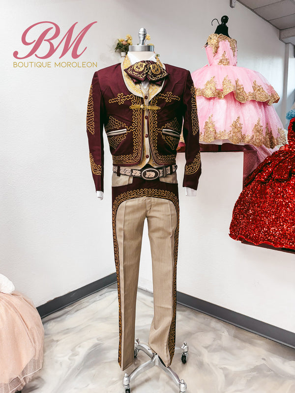 Economic Charro Suit Burgundy/Brown — alternate view — Boutique Moroleon Sacramento